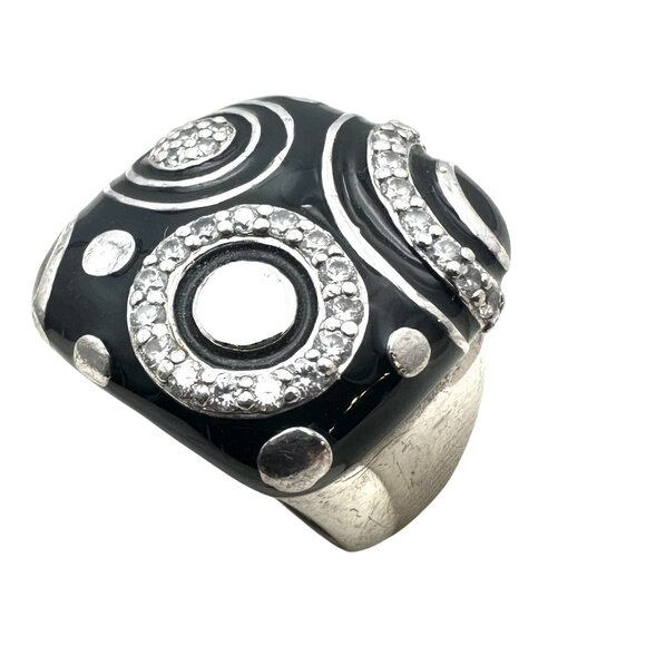 Belle Etoile Sterling Silver Black Enamel Clear Stone Statement Ring Size 7 - Picture 1 of 5